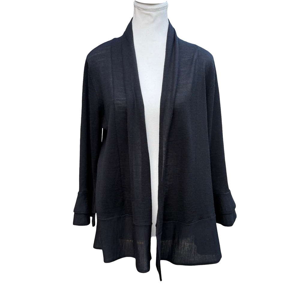 CASLON Cardigan Black Lightweight Wool Blend Open Front Ruffle 3/4 Sleeve Large